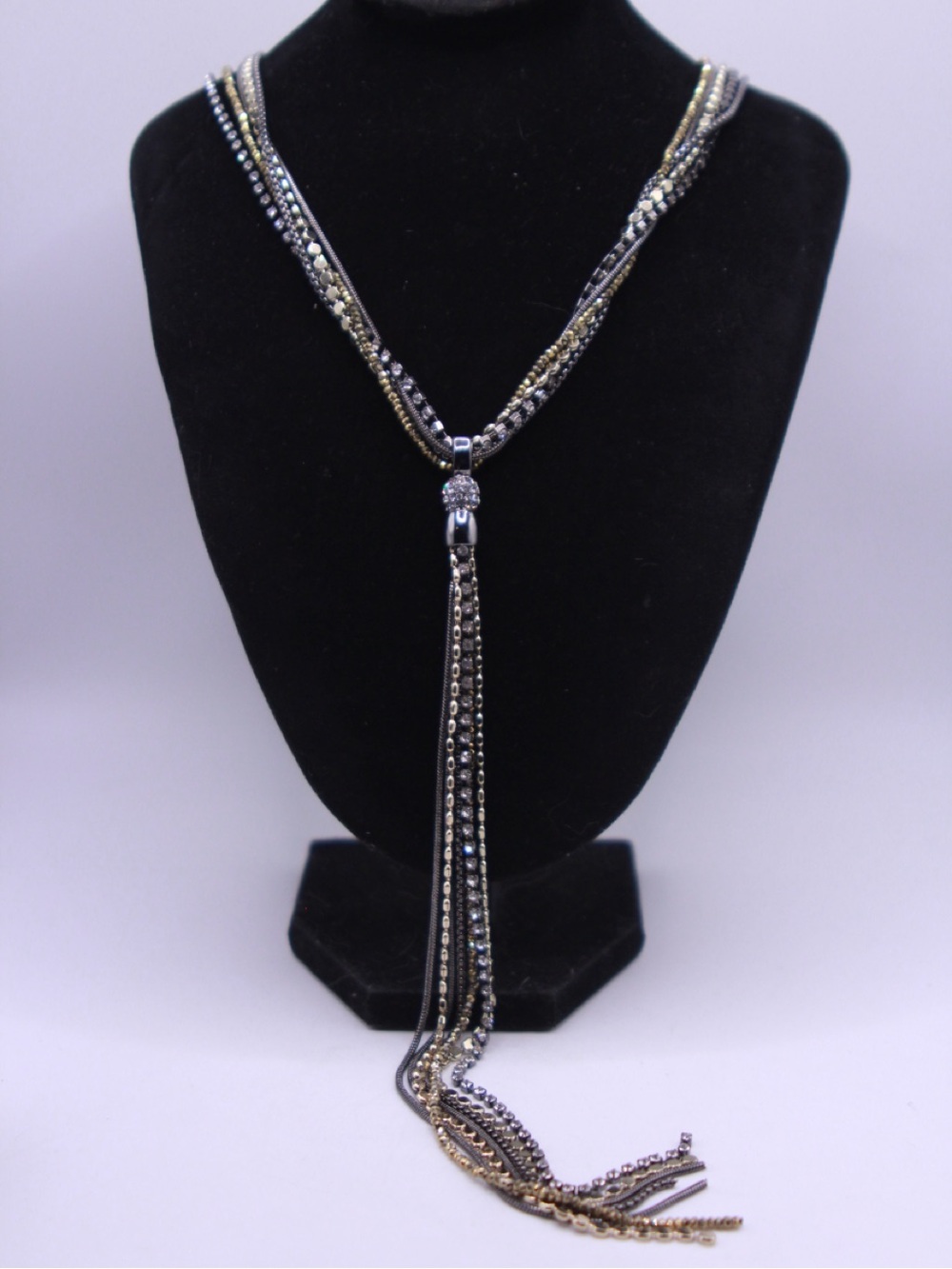White House Black Market Black and Gold Multi-Strand Tassel Lariat Necklace